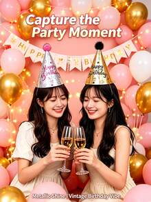 10pcs Metallic Color Happy Birthday Cone Paper Party Hats With Pom Poms, Gold And Laser Silver Printed Birthday Hats With Elastic Cord, Birthday Party Decoration Photo Props, For Celebration Events - Birthday Hat - View 5