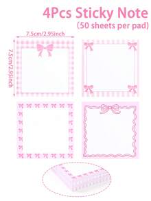 Pink Bow Pattern Sticky Notes 4Pcs Self-Adhesive Memo Pads Cute Square Notepads Office School Stationery Supplies - 7.5 X 7.5 cm - View 12