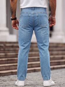 1pc Men's Distressed Denim Jeans, Multi-Craft Design, Street Style, Fashion - Light Wash - View 5