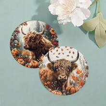 6pcs/Set Or 420pcs/70sets Autumn Series Highland Cow Pattern Printed Beverage Coasters, 10cm/2mm Thick Rubber Soft Bottom Round Absorbent Rubber Beverage Coasters, Soft Rubber Backing, Decorative Coasters, Suitable For Cups, Home Kitchen Dining Table Decor Placemats, Decorative Coasters, Kitchen Decor, Dining Table Decor - Multicolor - View 7