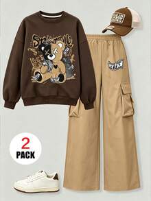 Boys 2pcs/Set, Colorblock Bear Round Neck Long Sleeve Sweatshirt With Cargo Pants, Soft Fabric Casual Outfit - Multicolor - View 2