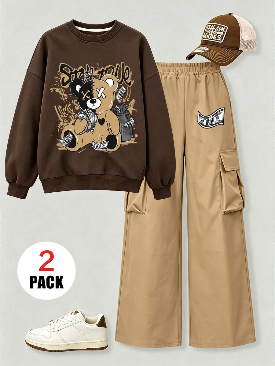 Boys 2pcs/Set, Colorblock Bear Round Neck Long Sleeve Sweatshirt With Cargo Pants, Soft Fabric Casual Outfit - Multicolor - View 1