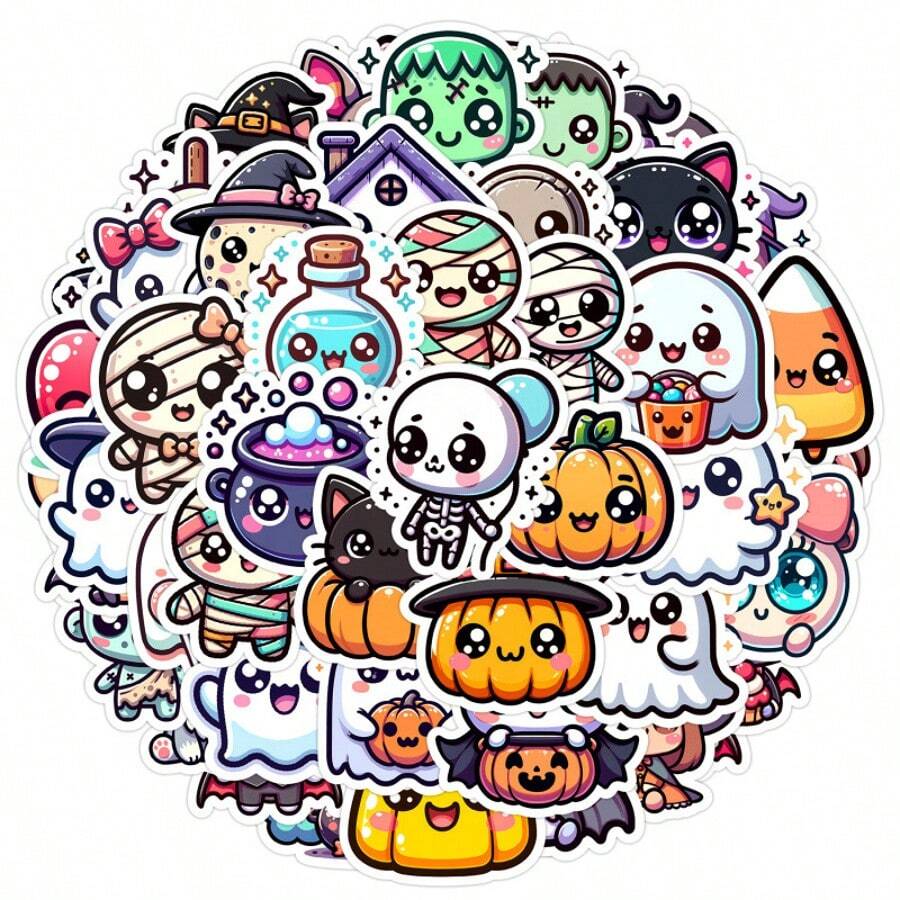 50pcs Cartoon Halloween Stickers, Holiday Graffiti Stickers, Halloween Party Decoration, Halloween Decor, Vinyl Waterproof Stickers For Water Bottles, Computers, Laptops, Phones, Luggage, Notebooks, Refrigerators - Multicolor - View 1