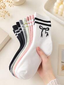 1/5/10pcs Women's Random Striped Bowknot Solid Color Minimalist Fashion Mid-Calf Socks, Soft Comfortable Breathable All-Season Versatile Preppy Casual Sports Suitable For Daily Wear - Multicolor - View 4