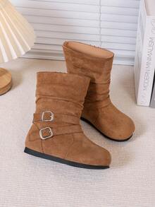 Mid-Calf Flat Boots For Older Children Students, Fashion Pleated Boots - Brown - View 2