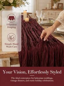 1pc Burgundy Ruched Cheesecloth Table Runner, Dining Table Cloth, Kitchen Counter Cover, Romantic Table Decor, Party Favor, Birthday Tabletop Decoration, Valentine's Day Wedding Baby Shower Bridal Shower Table Decor, Home Room Kitchen Tabletop Atmosphere Soft Furnishing Ornament - Burgundy - View 2