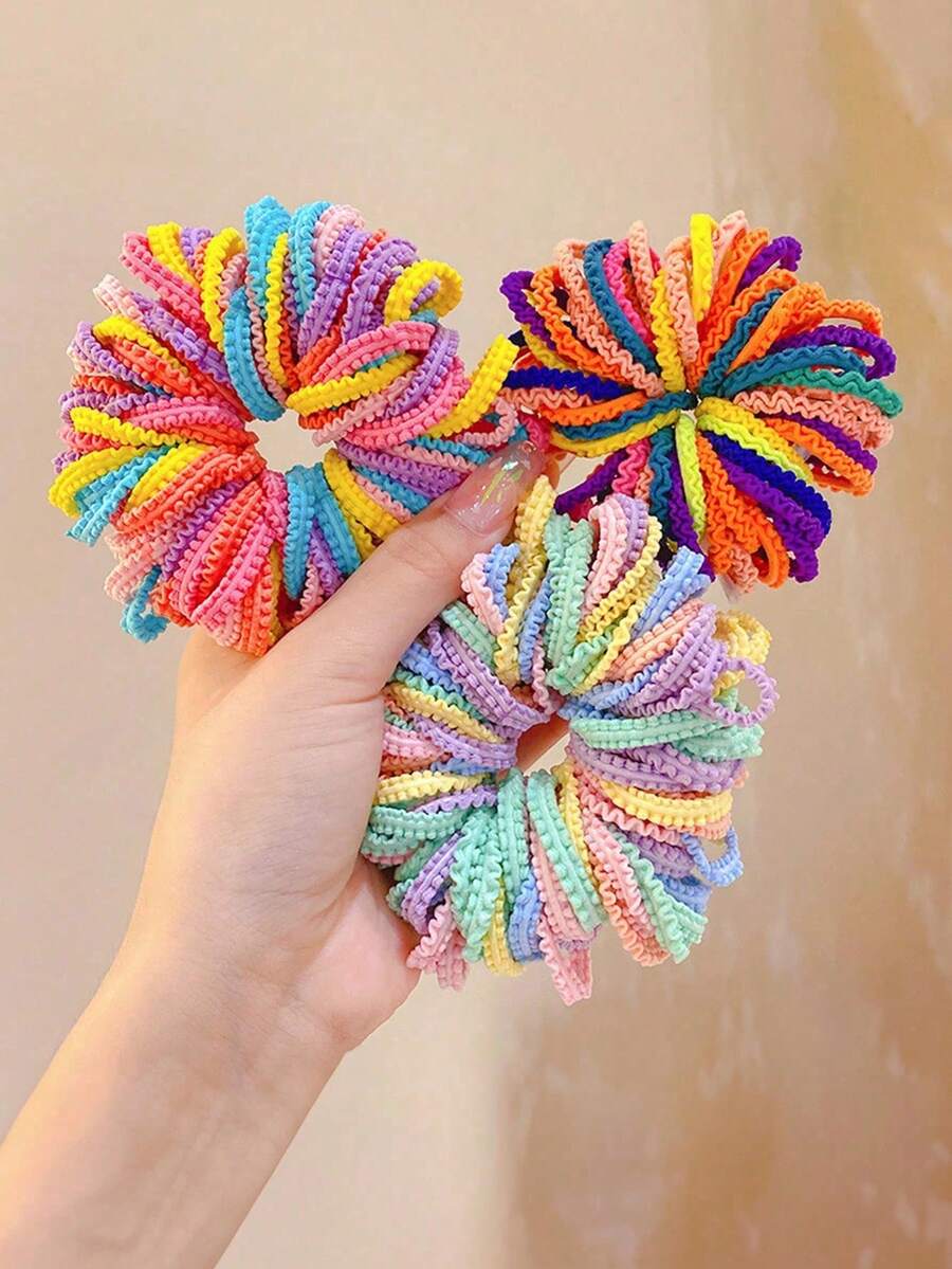 100pcs/Set Girls Seamless Floral Elastic Hair Ties, Non-Damaging Small Hair Bands, Hair Accessories - Multicolor - View 1
