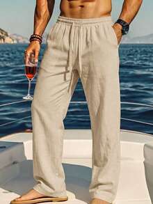 ALTZTAR Men's Summer Casual Pants Elastic Waist Drawstring Wide Leg Loose Fit Long Pants - Apricot - View 1