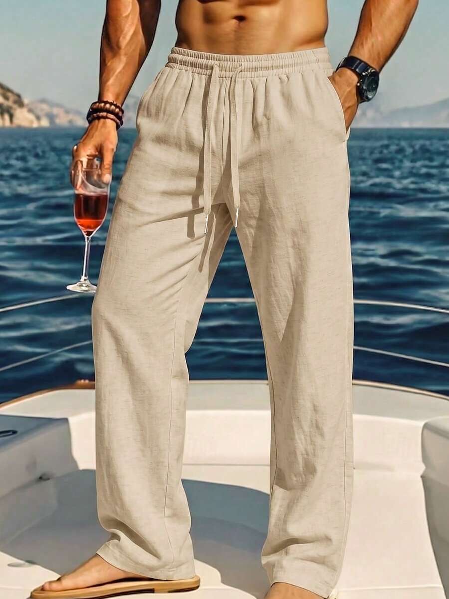 ALTZTAR Men's Summer Casual Pants Elastic Waist Drawstring Wide Leg Loose Fit Long Pants - Apricot - View 1