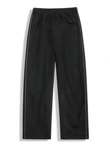 Men's Black Curved Double Brown Stripe Wide Leg Pants, Drawstring Waist Loose Straight Leg Lightweight Retro Streetwear Trousers - Black - View 5