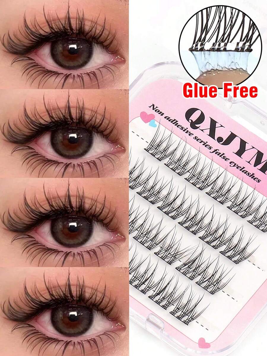 24pcs Glue-Free Natural Look False Eyelashes, 12mm Soft Unique Fish Tail Cross Style C Curl Eyelash Clusters, Eyelash Clusters, Individual False Eyelashes