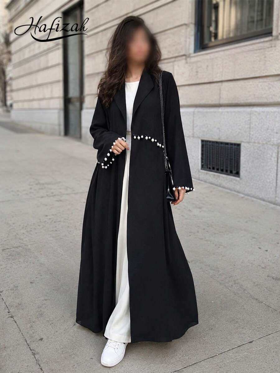 Hafizah 黑色珠饰拼接褶裥长款阿巴雅外套,宽松垂坠飘逸开衫,优雅百搭的女士日常穿着。 - 黑色 - 查看 1