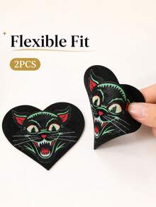 Vintage Black Cat Heart Nipple Pasties, Self Adhesive Breast Covers For Women, Halloween Party, Clubwear, Festival Outfit Accessorie - Multicolor - View 2
