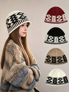 1 buah Topi Rajut Vintage, Topi Pelindung Telinga Wanita Musim Gugur/Dingin, Desain Serbaguna yang Membuat Wajah Lebih Ramping, Topi Ember Rajut Blok Warna - MultiWarna - View 1