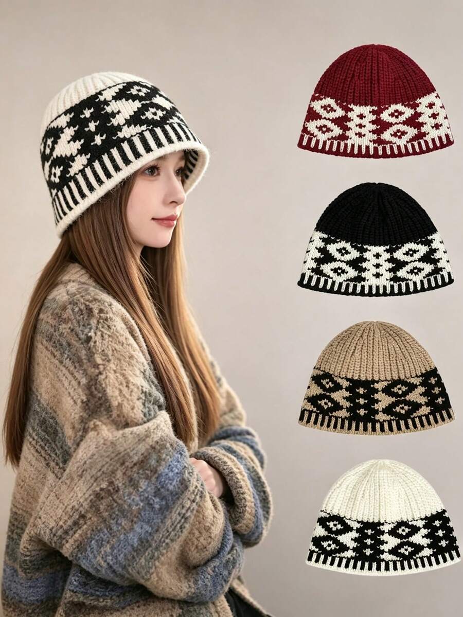 1 buah Topi Rajut Vintage, Topi Pelindung Telinga Wanita Musim Gugur/Dingin, Desain Serbaguna yang Membuat Wajah Lebih Ramping, Topi Ember Rajut Blok Warna - MultiWarna - View 1