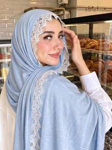 1pc New Silk Cotton Lace Scarf, Women's Muslim Hijab, Daily Soft Breathable Long Scarf, Elegant Headscarf, Versatile Elastic Shawl - Multicolor - View 18
