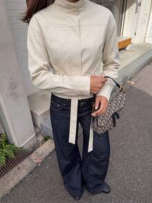 Women's Apricot Non-Stretch Regular Jacket, Stand Collar Long Sleeve, Waist Tie, Suitable For Daily Commute And Casual Wear - Apricot - View 10