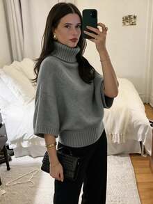 Women's Casual Autumn/Winter Solid Gray High Neck Batwing Sleeve Knit Top, Waist-Cinching Textured Design, Daily Commute Office Wear Pullover - Grey - View 3