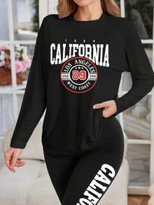 Women's 2-Piece Set Autumn/Winter American California Letter Print Long Sleeve Crew Neck Top And Slim Fit Long Pants, Perfect For Home Leisure, Yoga And Sports Wear - Black - View 5