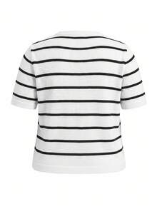 Plus Size Women's Round Neck Striped Single Breasted Casual Versatile Daily Knit Top - White - View 10