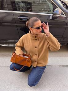 Jaket Pendek Wanita Warna Cokelat Muda dengan Kerah Tegak dan Kancing, Terbuat dari Campuran Wol, Lengan Panjang, Longgar, Minimalis, Gaya Streetwear Kasual Prancis untuk Musim Gugur - Khaki - View 6