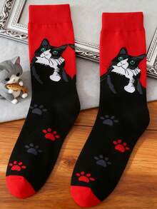 1/2/5 Pairs Women's Red Cat Mid-Calf Socks, Fashionable Unique Niche Soft Comfortable Cartoon Design For Daily Wear - Multicolor - View 7