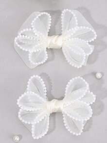 2pcs Pink/White Tulle Bow Hair Clips, Pearl Chain Trim Princess Style Elegant Hair Accessories, Suitable For Birthday, Wedding, Spring/Summer Daily Wear - Multicolor - View 9