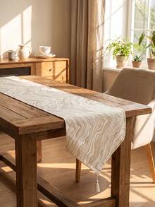 1pc Creamy Style Marble Texture Table Runner, Premium Beige Tassel Dining Table Cloth, Bed Runner For Home Decor - Beige - View 1