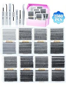 RITALASH RITA 2560/640pcs DIY Single Lash Extension Set, Natural Voluminous Lash Clusters 10D+20D+30D+40D+50D+60D+80D+100D D Curl, Soft Fine Band Cluster Lashes, Includes Glue, Sealer And Tweezers, Suitable For Daily Wear And Holiday Use - Black - View 1