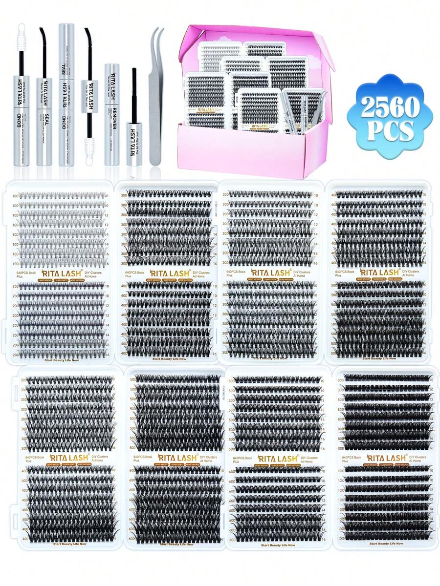 RITALASH RITA 2560/640pcs DIY Single Lash Extension Set, Natural Voluminous Lash Clusters 10D+20D+30D+40D+50D+60D+80D+100D D Curl, Soft Fine Band Cluster Lashes, Includes Glue, Sealer And Tweezers, Suitable For Daily Wear And Holiday Use - Black - View 1