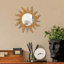 1Pc Sun Shape Wooden Frame Acrylic Mirror Wall Sticker, Boho Decorative Mirror Wall Decal For Living Room Bedroom Bathroom Home Wall Art Decor - Brown - View 8
