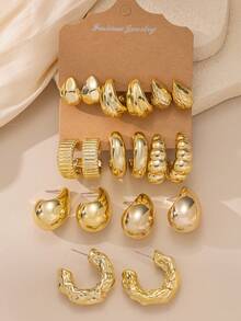 6-18pcs Set New Asymmetrical Shape CCB Gold CCB Lightweight Earrings, Textured C-Shape And Teardrop Shape, One Set Meets All Women's Daily Dressing Needs - Gold - View 2