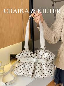 CHAIKA & KILTER 1件裝拼色PU布料托特包，女款時尚單肩托特包，滿版波點圖案，雙手柄設計，拉鍊開合，飾帶裝飾，適合日常與街頭使用 - 白色 - 查看 6