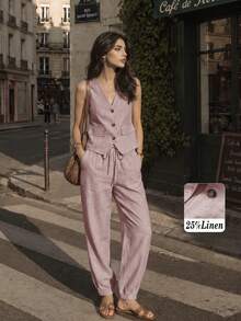 Women's Casual Spring/Summer Linen Vest And Pants Set, For Vacation - Dusty Pink - View 1