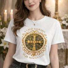 Camiseta masculina branca de algodão com estampa gráfica 'A Cruz Sagrada', manga curta e gola redonda. - Branco - Visão 5