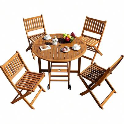 Outdoor Patio Dining Furniture Set 5 Piece All Weather Folding Round Wood Table Chairs Set For Backyard Porch Balcony Garden Deck Space Saving Wood Dining Set Brown