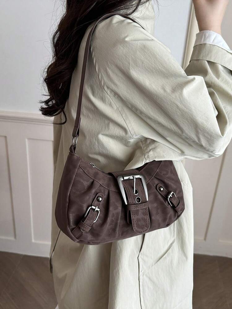 New Vintage Fashion Y2K Style Square Bag, Metal Belt Buckle, Zipper Opening, Lightweight Minimalist, Leopard Print Pleated Shoulder Underarm Bag. Suitable For Women's Daily Life, Casual, Commute, Work, Vacation And Student Use - Coffee Brown - View 2