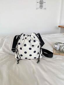 1pc Nylon Solid Color Drawstring Bucket Bag With Plush Charm Accessory, Fashion Crossbody Shoulder Bag For Women - White - View 9