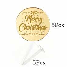 10Pcs/20Pcs/60Pcs/Set Gold Mirror Acrylic Christmas Cupcake Toppers Merry Christmas Round Cake Disc Tags Xmas Holiday Dessert Decorations - Multicolor - View 14