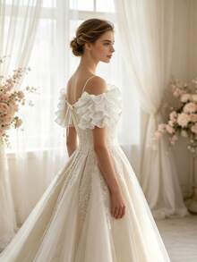 White Multi-Layer Ruffle Detachable Shoulder Sleeves, Strapless Wedding Dress Sleeve Covers With Tie Bow Design, Shoulder Accessory For Photoshoot - White - View 3