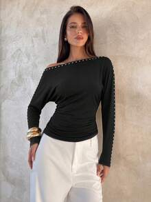 Elegant Women's Top With Rhinestone Trim, Ruched Waist Slim Fit Design, Can Be Worn Alone Or Layered, Suitable For Evening Out, Dating, Commuting, Autumn Clothing - Black - View 3