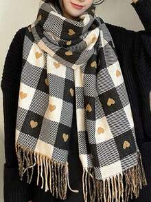 1pc Women's Double-Sided Color Block Heart Plaid Tassel Faux Cashmere Scarf, Minimalist Cute, Suitable For Autumn/Winter, Multi-Purpose, Warm Shawl Scarf, Dual-Use, Suitable For Daily Wear, Holiday Gift - Brown - View 4