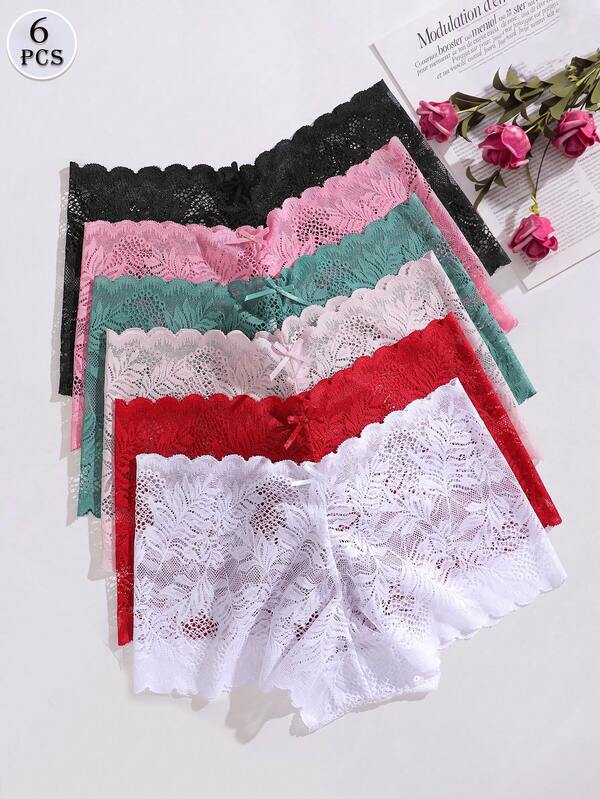 FINETOO 6pcs Women's Solid Color Lace Hipster Panties, Fine Stitching Craftsmanship, Soft And Comfortable, Suitable For Yoga, Sports And Daily Wear, Boost Confidence, Multiple Sizes XS-XXL