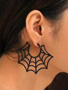 1 Pasang Anting Besar Bergaya Gothic Gelap Halloween Musim Gugur/Dingin, Motif Jaring Laba-laba, Cocok untuk Wanita, Pesta, Acara Dansa, Perhiasan Telinga yang Unik dan Personal - Hitam - View 2