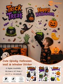 SUPSTICKER 1 Buah Stiker Dinding & Jendela Halloween, Desain Trick-Or-Treat yang Lucu dan Menyeramkan, Stiker PVC Perekat Mandiri yang Dapat Dilepas untuk Dekorasi Pesta Rumah, 3 Gaya - MultiWarna - View 1
