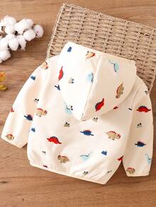 Baby Boy Cute Dinosaur Print Fleece Jacket, Comfortable Warm Casual Outdoor Playwear - Apricot - View 2