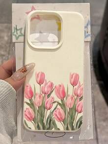 Tulip Lychee Textured Phone Case, Wear-Resistant & Anti-Drop Floral Protective Cover, Compatible With Apple 7/8/XR/XS Max/11/12/13 Pro Max/14 Pro Max/14/15 Pro Max/15/16 Pro Max/16/17 Pro Max/17Pro, Birthday Gift, Back To School Gift, Christmas Gift, Daily Essential - Beige - View 1