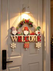1pc Christmas Wooden Hanging Ornament, Gnome Pattern With Snowflake And Bell Pendant, "WELCOME" Letter Design, Rustic Christmas Tree/Door/Wall/Window Home Decor, Suitable As Christmas Gift - / - View 1