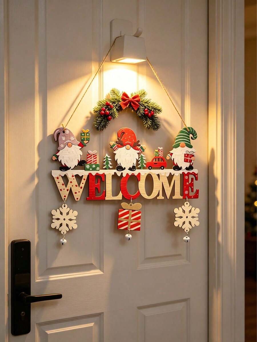 1pc Christmas Wooden Hanging Ornament, Gnome Pattern With Snowflake And Bell Pendant, "WELCOME" Letter Design, Rustic Christmas Tree/Door/Wall/Window Home Decor, Suitable As Christmas Gift - / - View 1