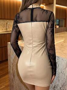 Women's Contrast Lace Stand Collar Long Sleeve Elegant Mini Dress - Multicolor - View 4